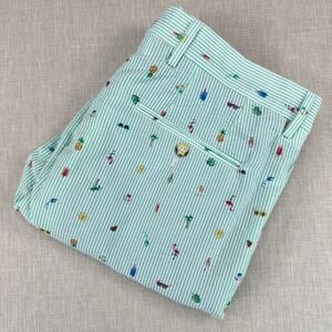 Haspel Seersucker Shorts Mens 34 Green White Striped Tropical Flamingo EUC